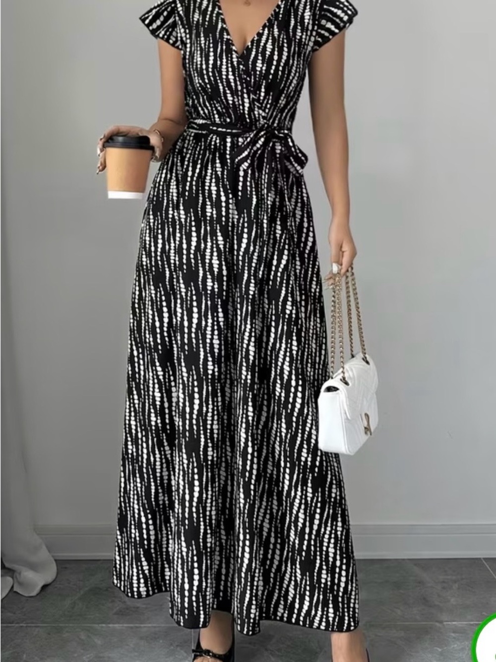 Black & White V-Neck Tie-Waist Maxi Dress